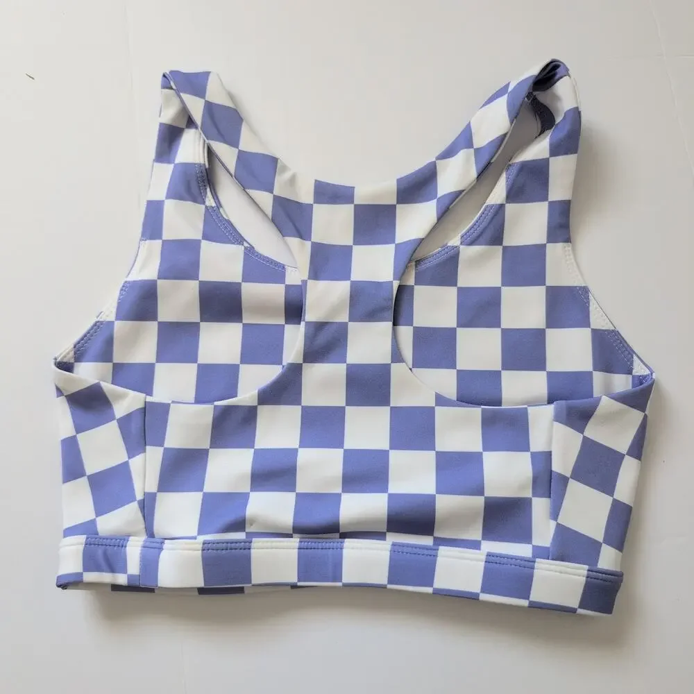 ME. Melody Eshani Periwinkle Blue Checkered Racerback Sports Bra Small Athletic‎